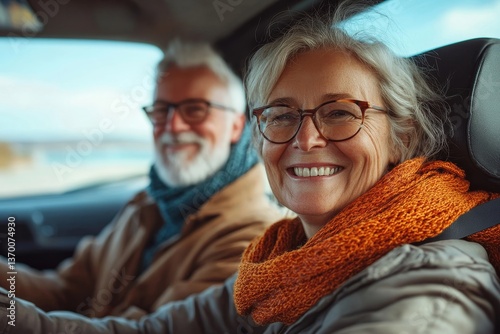 Couple of two happy senior having fun and enjoying vacations trip together driving and discovering new places with a car
