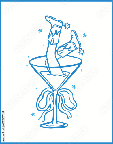 Coastal Cowgirl boots in martini Western Bachelorette Beach T shirt design outline playful hand drawn