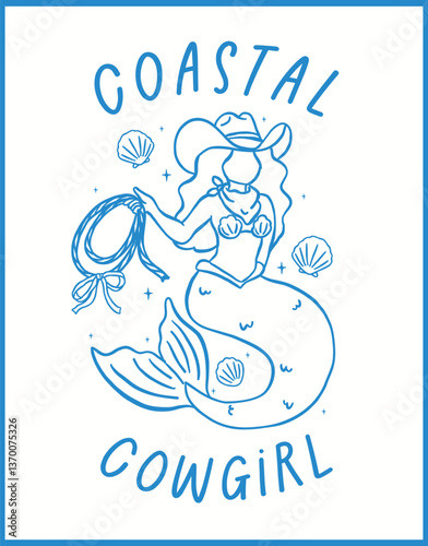 Coastal Cowgirl Mermaid Western Cowboy Bachelorette Beach outline playful hand drawn