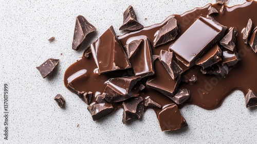Melted Dark Chocolate with Broken Pieces on Textured White Background