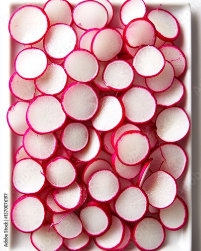 Freshly Sliced Radishes on White Plate: Vibrant and Crunchy Vegetables