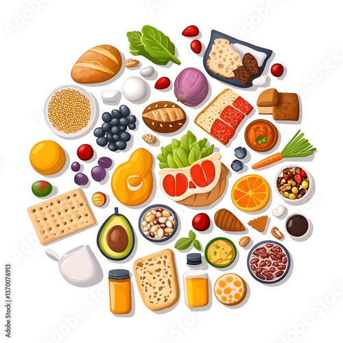 Healthy Eating Habits Diverse Food Assortment Colorful Illustration Nutritious Meal Plan