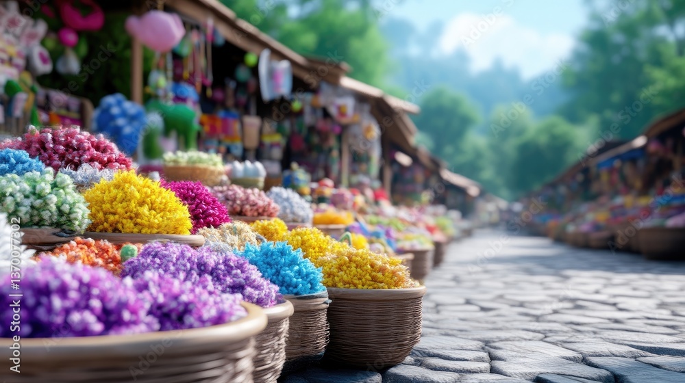 Fototapeta premium Colorful handcrafted items displayed in open-air market stalls. A variety of small, decorative plants and flowers, plus other crafts, are on display