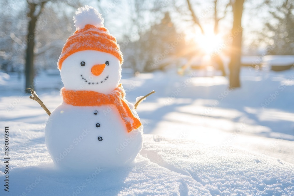 Obraz premium Charming Snowman with Orange Scarf and Hat in Winter Landscape