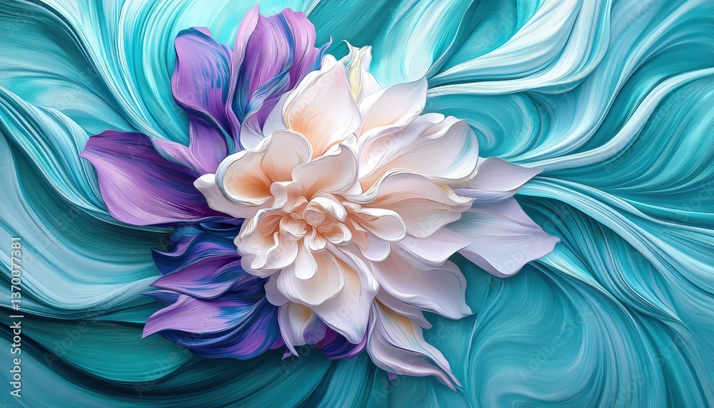Fototapeta premium Abstract White Purple Flower with Flowing Teal - Elegant Floral Digital Art