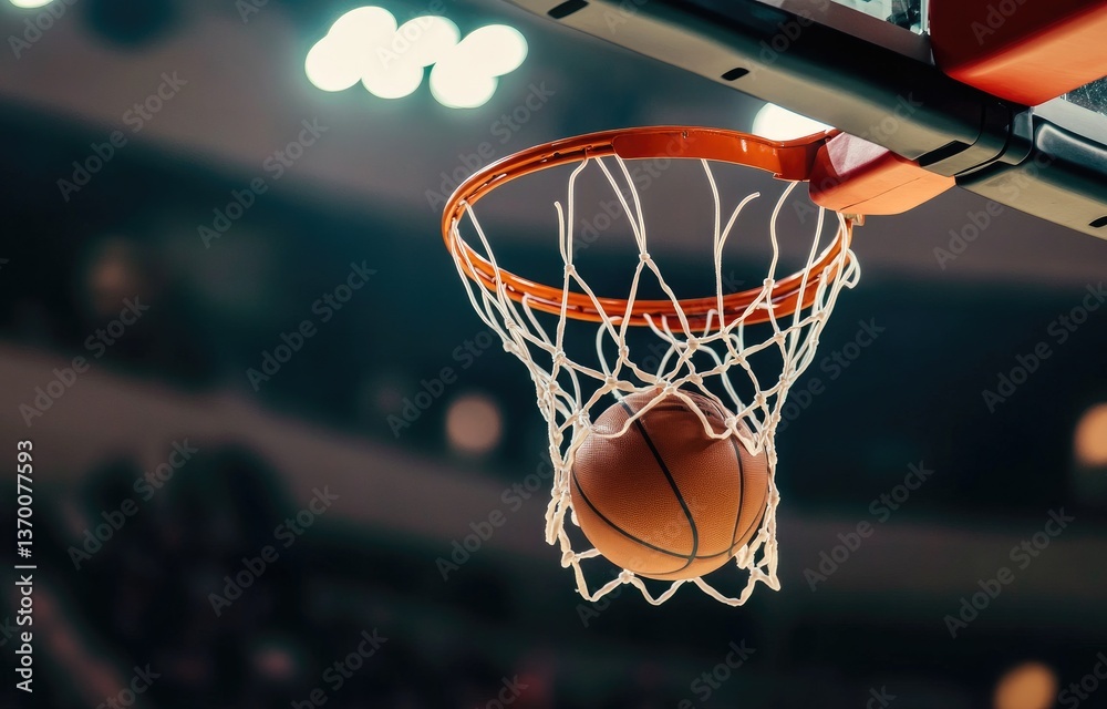 Basketball Entering Net In Dark Arena Basketball Entering Net In Dark Arena