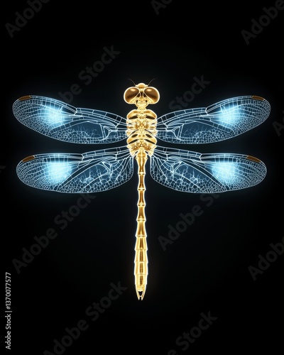 Futuristic Cyber Dragonfly: Luminous Golden Insect with Digital Wings on Dark Background