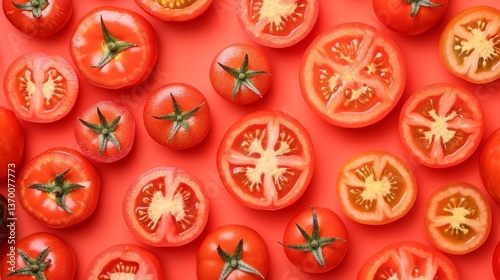 Fresh Sliced and Whole Red Tomatoes on Vibrant Red Background