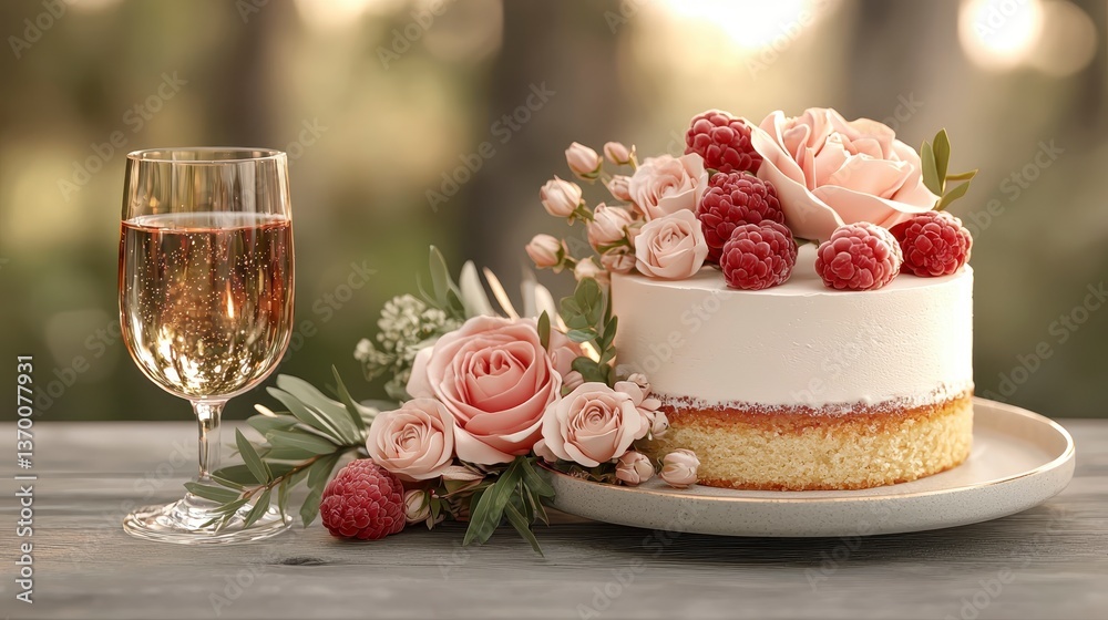 Pink Floral Cake with Raspberries and Sparkling Wine Pink Floral Cake with Raspberries and Sparkling Wine