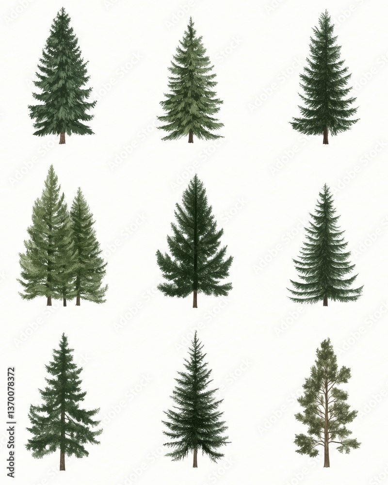 Collection of Nine Evergreen Trees in Watercolor Art Style on White Background Collection of Nine Evergreen Trees in Watercolor Art Style on White Background