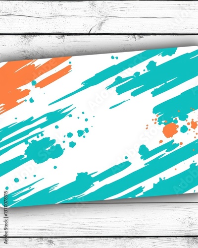 Abstract Teal and Orange Paint Streaks on White Wooden Background