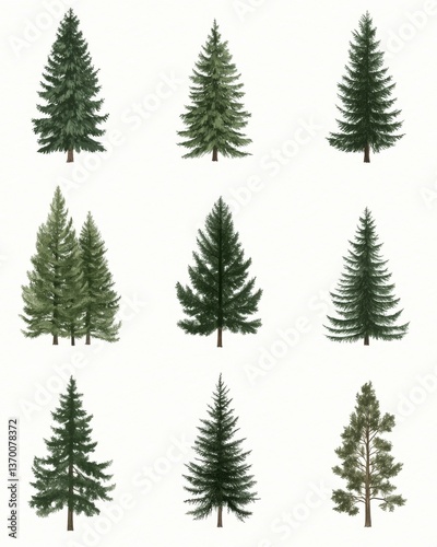 Collection of Nine Evergreen Trees in Watercolor Art Style on White Background