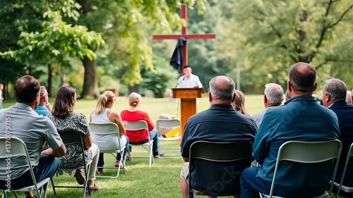 Outdoor gathering with sermon, religious cross, and attentive congregation