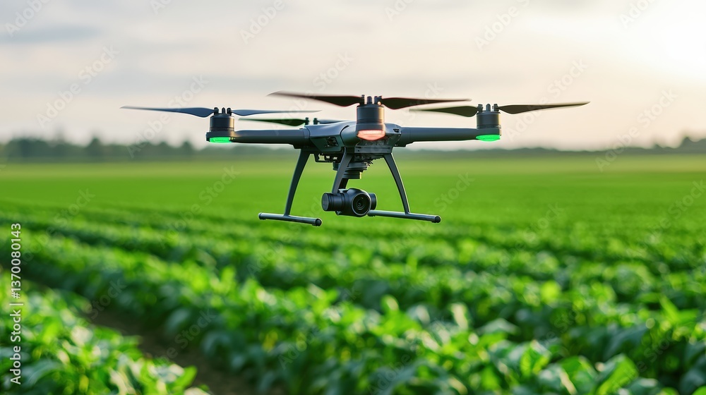 A drone equipped with a camera hovers above a green field, capturing agricultural landscapes and enhancing farming techniques. A drone equipped with a camera hovers above a green field, capturing agricultural landscapes and enhancing farming techniques.