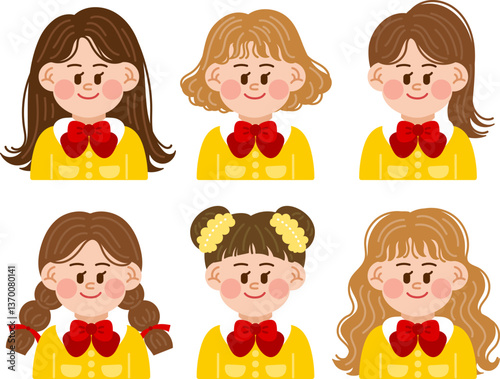 Girls in kindergarten uniforms. Kindergarten children in pretty uniforms with ribbons.
