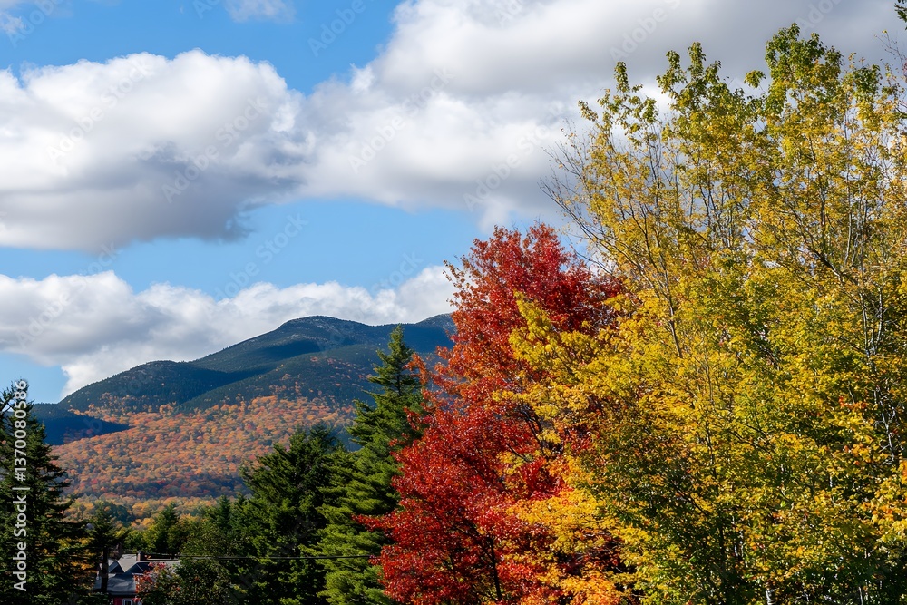 Fototapeta premium Autumn foliage graces mountains under a blue sky with fluffy clouds