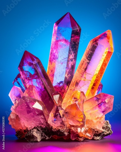 Vibrant Multicolored Crystal Formation on Reflective Surface with Blue Background