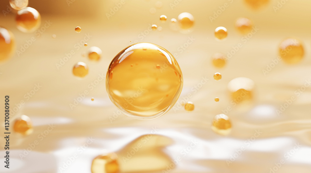 Obraz premium 3D golden oil droplets floating above a glowing liquid surface. Perfect for luxury skincare, collagen serum, or cosmetic product concepts.