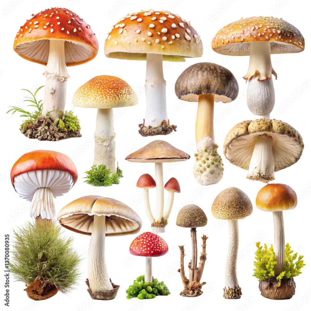 Mushroom set isolated on transparent background  
