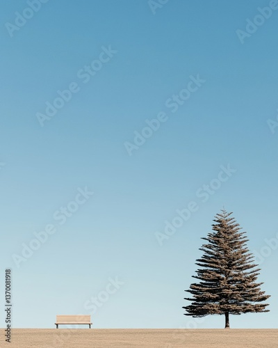 Minimalist Landscape with Lone Pine Tree and Bench Against Clear Blue Sky