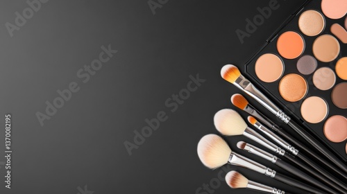 Professional Makeup Brushes and Palette on Dark Background