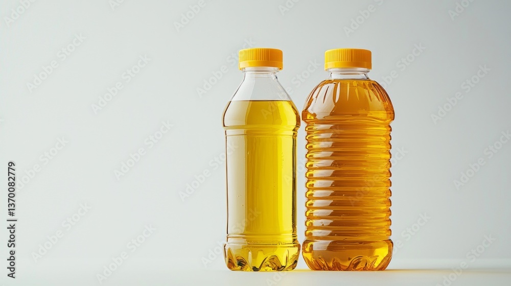 Two bottles of oil, one yellow and one clear, are sitting on a white surface Two bottles of oil, one yellow and one clear, are sitting on a white surface