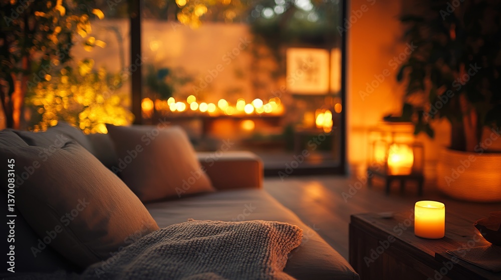 Cozy living room with warm candlelight creating a tranquil evening atmosphere