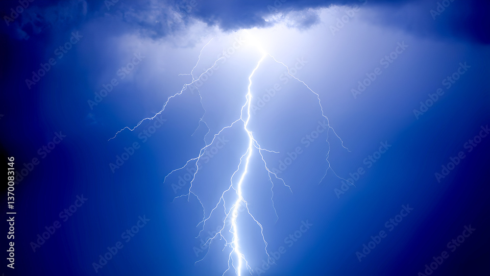 Bright lightning bolt striking through dark night sky illuminating clouds Bright lightning bolt striking through dark night sky illuminating clouds