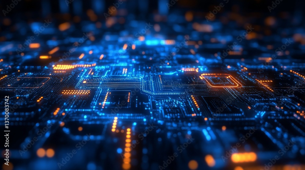 Abstract view of a digital circuit board with glowing blue and orange lights