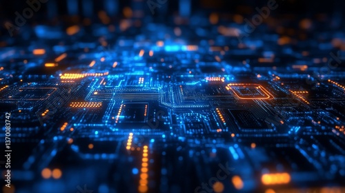 Obraz na płótnie Abstract view of a digital circuit board with glowing blue and orange lights w salonie