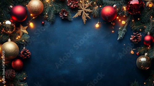 Holiday decorations featuring ornaments and lights on a dark blue background with evergreen branches and pine cones