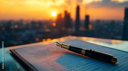 Beautiful sunset view over the city skyline with a pen placed on an open document reflecting creativity and inspiration