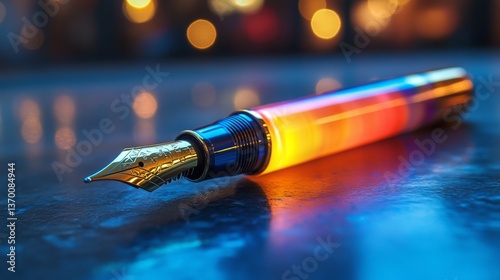 High-quality fountain pen resting on a reflective surface with shimmering warm lights in the background during an evening setting