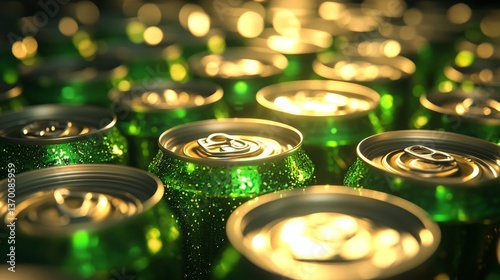 Shiny green cans stacked closely together create a vibrant atmosphere in a warm lit setting