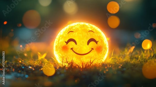 Delightful sunny character brings joy to a grassy landscape during a warm afternoon