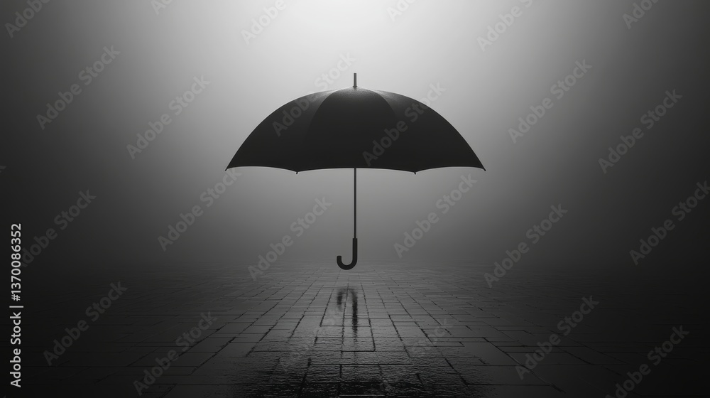 Black umbrella suspended in fog with reflections on a wet pavement at night creating an eerie atmosphere