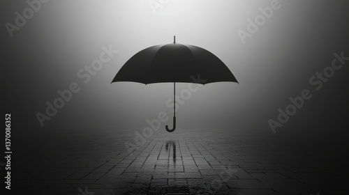 Obraz na płótnie Black umbrella suspended in fog with reflections on a wet pavement at night creating an eerie atmosphere w salonie