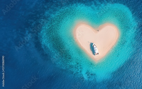 Aerial View of Heart-Shaped Sandbank with Boat in Clear Water