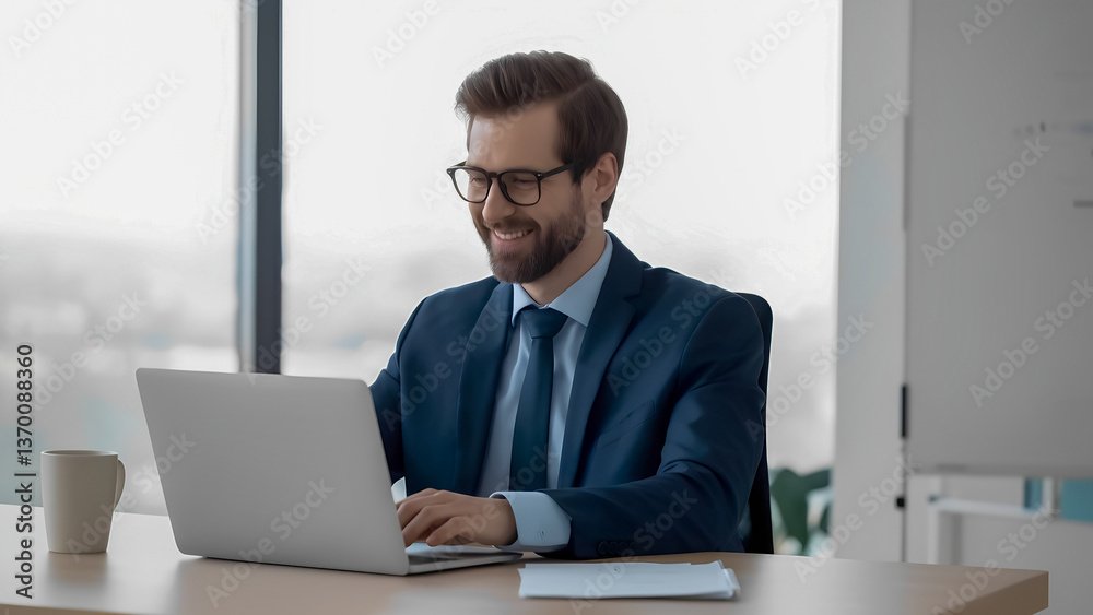 Smiling man in suit working on laptop in modern office setting Smiling man in suit working on laptop in modern office setting