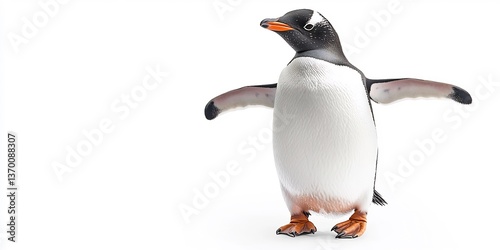  A penguin waddling happily, set against a white background. 