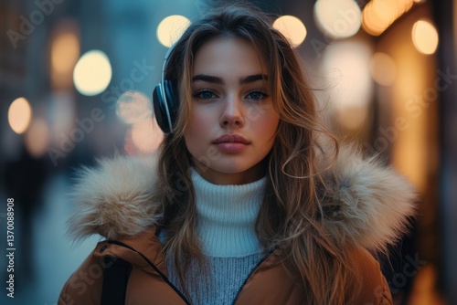 Young sportswoman enjoying workout with music while jogging outdoors in the city in the evening
