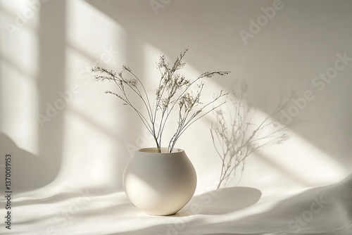 Minimalist white vase with dry flowers casting shadows on a textured backdrop, studio shot