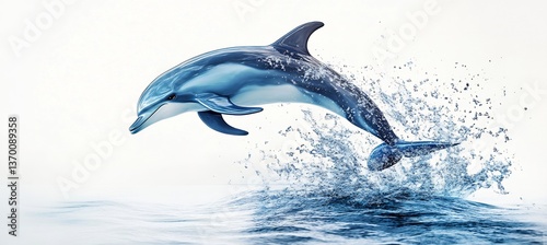  A playful dolphin leaping out of an imaginary sea, captured on a white background. 