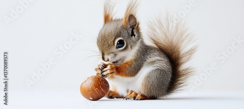  A playful baby squirrel with fluffy fur, sitting on a white background, holding an acorn. 