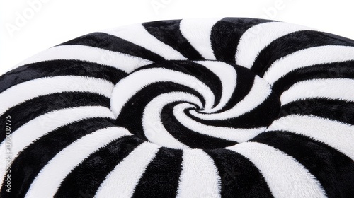 Spiral Black and White Swirl Pattern on Plush Fabric Background in Circular Design