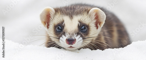  A playful ferret exploring curiously on a clean white surface. 