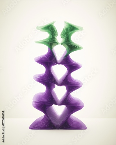 Abstract Organic Sculpture with Gradient Green and Purple Layers on White Background
