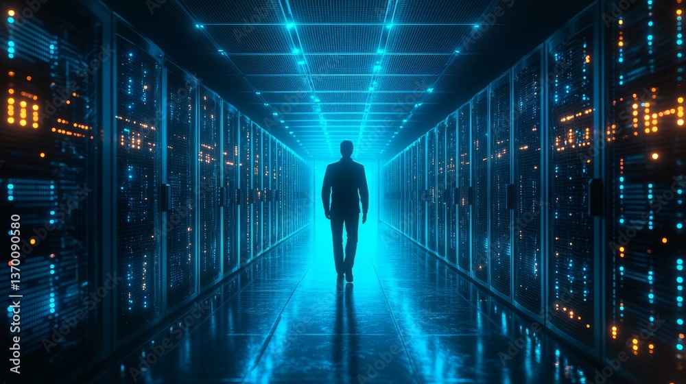 Mysterious figure walks through a high-tech data center illuminated by vibrant blue lights