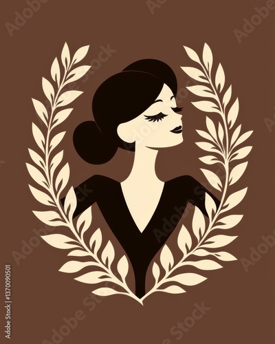Elegant Art Deco Woman Portrait with Laurel Leaves on Brown Background