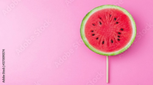 Fresh Watermelon Lollipop on Pink Background: Vibrant Summer Concept